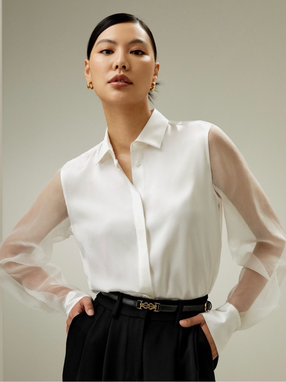 LILYSILK Ethereal Silk Shirt Natural White Sheer Sleeve Blouse M